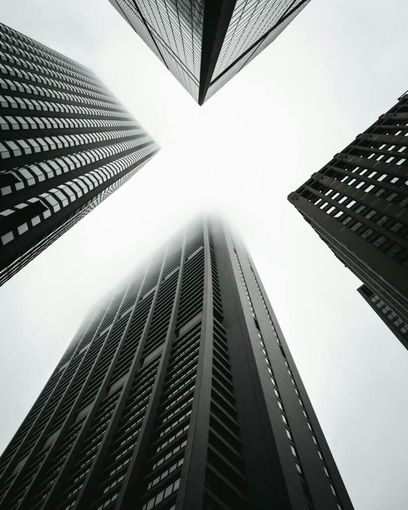 Monochrome Photo of High-Rise Buildings